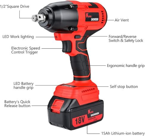 طقم مفتاح ربط لا سلكي 18 فولت، مفك كهربائي بدون فرشاة مقاس 1/2 بوصة 3200 دورة في الدقيقة وعزم دوران أقصى 1500 نيوتن متر، قطعتان من البطاريات، شاحن سريع، 6 مقابس in Kuwait