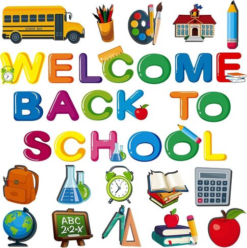 68 Pcs Back to School Classroom Bulletin Border Decoration School Bus Cutout Book School Bag Pencil Clock House Palette Cutout for First Day of School Classroom Chalkboard Wall Decor in Saudi Arabia
