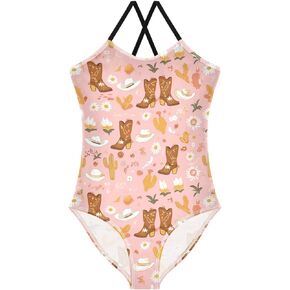 Cowgirl Boots Hats Girls One Piece Swimsuits Cactus Horseshoe Sport Halter Swimwear Beach Bathing Suit 5-6T in Kuwait
