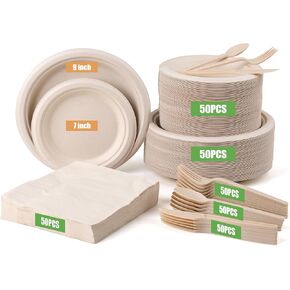 300 Pack Paper Plates Set Party Supplies Severs 50 Guests Disposable Party Plates Sugarcane Forks Knives Spoons Heavy-Duty Paper Plate Bagasse Natural Compostable Eco-Friendly Birthday Wedding in Saudi Arabia