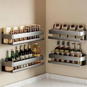 Adhesive Wall Mount Spice Rack Carbon Steel, No-Drill Dark Gray Wall Spice Racks for Kitchen, Multi-Purpose Spice Storage Organizer, Kitchen Bathroom Storage Shelf for Countertop Cabinet in Saudi Arabia
