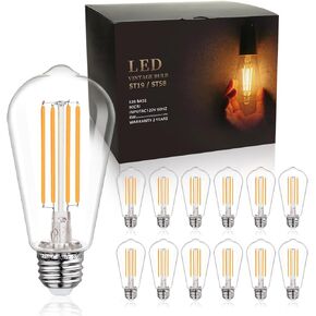 مصابيح BORT ST58/ST19 LED Edison العتيقة، أبيض دافئ 2700K، مصابيح إضاءة Edison 6W قابلة للتعتيم، ما يعادل 60W، 700LM، لمبة LED ذات قاعدة قياسية E26، بلاستيك شفاف - 12 عبوة in Kuwait
