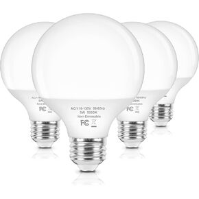 Brightever G25 LED Globe لمبات الإضاءة المكافئة 60W، 5000K ضوء النهار الأبيض LED مصابيح الغرور مع قاعدة E26 القياسية للحمام، لمبة إضاءة مستديرة 5W لمرآة الغرور، 600LM، 4 عبوات، غير قابلة للتعتيم in Kuwait