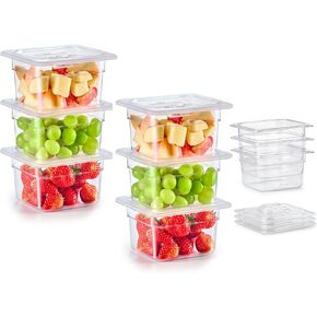 عبوة من 6 أوعية طعام بلاستيكية مع أغطية مدرجة في قائمة NSF من Wilprep، مقاس 1/6 مقاس 4 في حاويات تخزين طعام شفافة عميقة، فندق تجاري من البولي كربونات قابل للتكديس سعة 1.8 لتر للفواكه والخضروات والفاصوليا والذرة in Kuwait