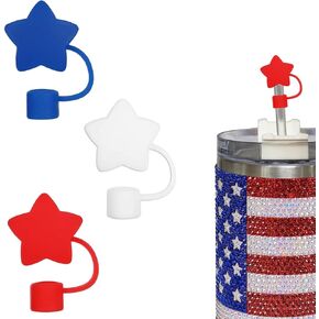 3Pcs 4th of July Patriotic Straw Cap Cover for Stanley Cup, 10mm Red Blue White Star Straw Topper Compatible with 30 and 40 Oz Tumbler for Independence Day Memorial Day in Kuwait