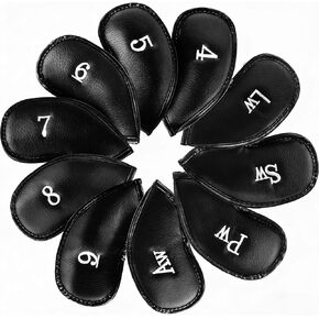 مجموعة أغطية رأس حديد الجولف من الجلد الصناعي الفاخر 10 قطع، أغطية رأس نادي الجولف المتينة باللون الأسود، ملصقات مطرزة من جانب واحد غطاء نادي الجولف، مثالية لمعظم الأندية in Kuwait