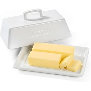 Kook Ceramic Extra Large Butter Dish with Lid, Holds 2 Sticks, Kitchen Countertop Butter Keeper, Serving Tray with Cover (White) in Kuwait