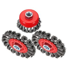 Wire Brush for Angle Grinder Kit, 3pcs Twist Knotted Wire Brush for Grinder with 5/8"-11 Arbor, [for Heavy Rust Deburring Paint Removal] - 0.02in Carbon Steel Wire, Red in Kuwait