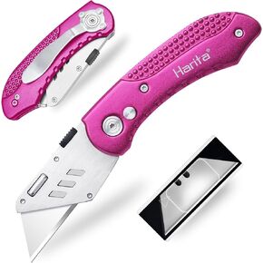 قطاعة صندوقية قابلة للسحب، سكين متعدد الاستخدامات بمقبض من الألومنيوم، سكين عالي التحمل، آلية قفل خلفي، مشبك حزام من الفولاذ المقاوم للصدأ، للسجاد، الكرتون، الصندوق، الورق المقوى، مع شفرات إضافية مكونة من 5 قطع (وردي) in Kuwait