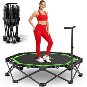 48" Foldable Mini Trampoline, 550lb Capacity Rebounder with Adjustable T-Bar for Adults, Home Gym Fitness Equipment (Black Green) in Kuwait