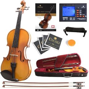 Mendini by Cecilio Violin 4/4 Full Size Set For Beginners - Hand Carved Acoustic Violins Set - Fiddle Solidwood Kit with Hard Case, Two Bows, Tuner, Rosin, Shoulder Rest, Extra Strings, Lesson Book in Kuwait