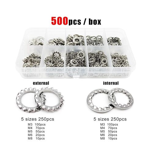 500pcs External Internal Toothed Serrated Lock Washer Gasket Mix M3 M4 M5 M6 M8 Assortment Kit Set Box 304 A2-70 Stainless Steel in Saudi Arabia