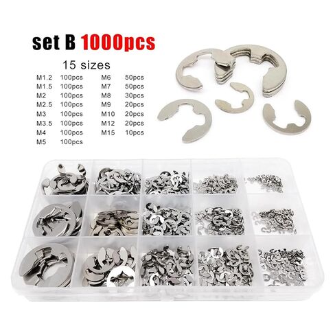 580/1000pcs Assortment Kit Set Box M1.2 to M15 304 Stainless Steel External Retaining Ring E Clip Snap Circlip Washer for Shaft(Set B 1000pcs) in Saudi Arabia