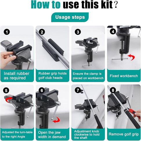 مجموعة أدوات تثبيت قبضة نادي الجولف - مجموعة أدوات إزالة قبضة الجولف تتضمن ملزمة طاولة محمولة دوارة 360 درجة، و13 شريطًا مزدوج الجوانب (2 بوصة × 10 بوصة)، وسكين خطاف لإعادة قبضة مقابض الجولف (بدون مذيب) in Kuwait