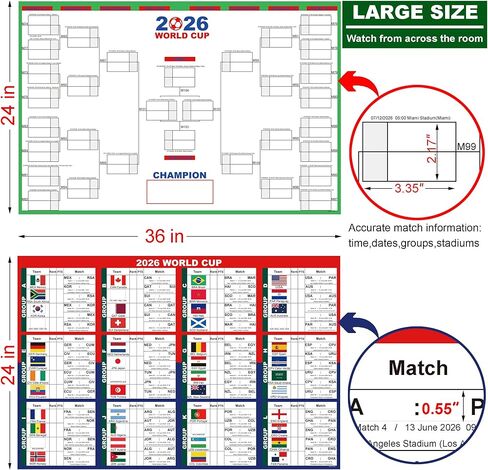 ملصق قوس كبير لكأس العالم 2026 من XUHANWEN، مخطط جداري للبطولة قابل للمسح الجاف مقاس 24 × 36 بوصة للتنبؤ وتسجيل نقاط المباريات، بضائع كأس العالم لمحبي زينة حفلات كرة القدم، عبوة من قطعتين in Kuwait