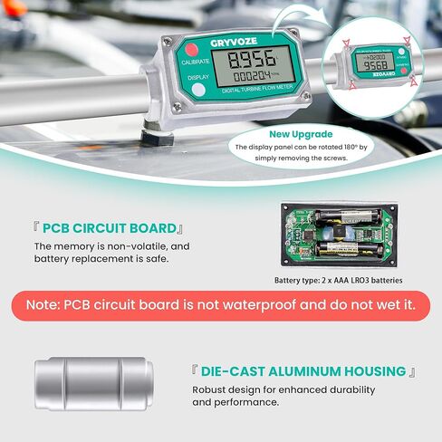3/4 Inch Water & Fuel Flow Meter with PTFE Tape, for 0.8-13.2 GPM Inline NPT Thread ±1% Accuracy Flowmeter for Diesel, Gas Oil, Gasoline, and Other Liquids - Supports Sleep Mode (Alu Alloy) in Kuwait