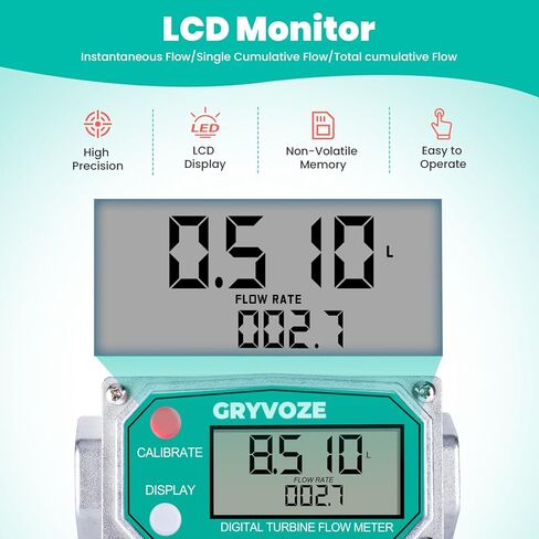 3/4 Inch Water & Fuel Flow Meter with PTFE Tape, for 0.8-13.2 GPM Inline NPT Thread ±1% Accuracy Flowmeter for Diesel, Gas Oil, Gasoline, and Other Liquids - Supports Sleep Mode (Alu Alloy) in Kuwait