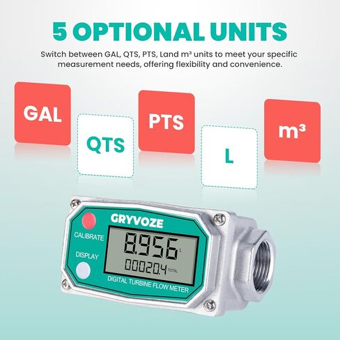 3/4 Inch Water & Fuel Flow Meter with PTFE Tape, for 0.8-13.2 GPM Inline NPT Thread ±1% Accuracy Flowmeter for Diesel, Gas Oil, Gasoline, and Other Liquids - Supports Sleep Mode (Alu Alloy) in Kuwait