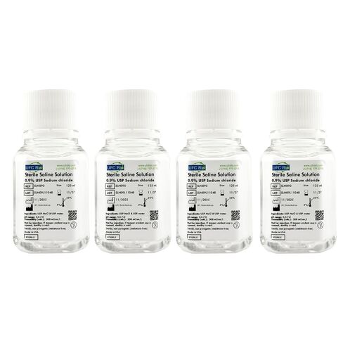 0.9% Normal Saline Solution - USP Grade - Sterile and 0.22um Filtered - Four Pack: 4x125mL Bottles (500mL Total) in Kuwait
