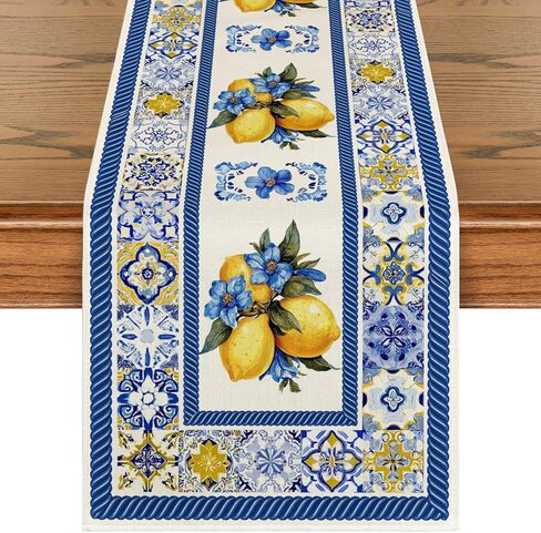Artoid Mode Lemon Flowers Blue and White Porcelain 210 GSM Summer Table Runner, Seasonal Spring Kitchen Dining Table Decoration for Home Party Decor 13x72 Inch in Saudi Arabia