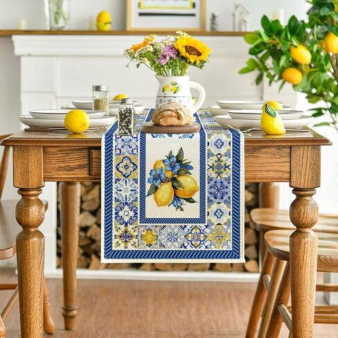 Artoid Mode Lemon Flowers Blue and White Porcelain 210 GSM Summer Table Runner, Seasonal Spring Kitchen Dining Table Decoration for Home Party Decor 13x72 Inch in Saudi Arabia