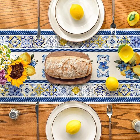 Artoid Mode Lemon Flowers Blue and White Porcelain 210 GSM Summer Table Runner, Seasonal Spring Kitchen Dining Table Decoration for Home Party Decor 13x72 Inch in Saudi Arabia