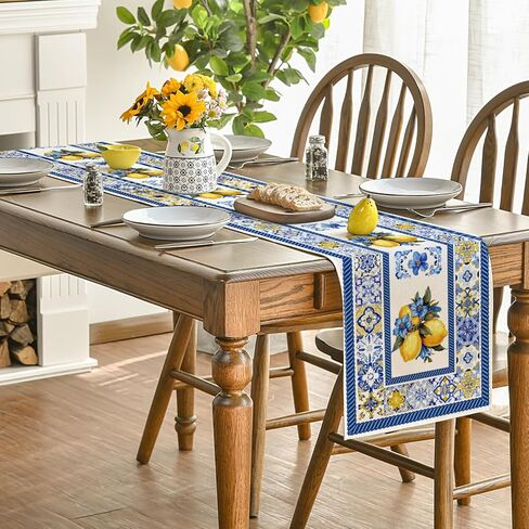 Artoid Mode Lemon Flowers Blue and White Porcelain 210 GSM Summer Table Runner, Seasonal Spring Kitchen Dining Table Decoration for Home Party Decor 13x72 Inch in Saudi Arabia