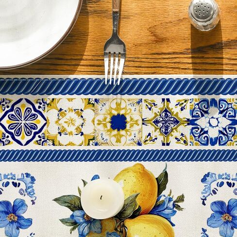 Artoid Mode Lemon Flowers Blue and White Porcelain 210 GSM Summer Table Runner, Seasonal Spring Kitchen Dining Table Decoration for Home Party Decor 13x72 Inch in Saudi Arabia