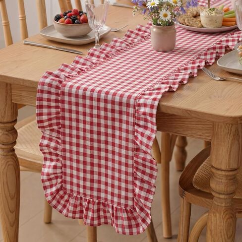 Tegeme Sage Green Gingham Ruffled Table Runner 12 x 72 Inch 100% Washed Cotton Decorative Farmhouse Table Runner Vintage Checkered Plaid Cabinet Cover for Home Kitchen Dinner Party Decorations in Saudi Arabia