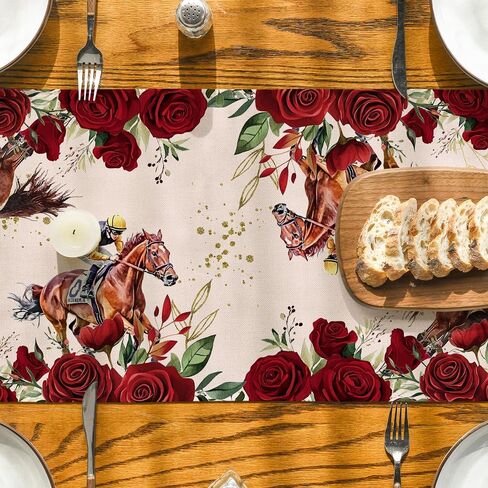 Artoid Mode Horse Racing Roses Kentucky Table Runner, Festival Sports Holiday Kitchen Dining Table Decoration for Home Party Decor 13x72 Inch in Saudi Arabia