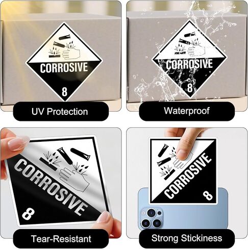 500 PCS Hazard Class 8 Corrosive Labels 4 × 4 Inches Vinyl Removable Self Adhesive DOT Hazmat Compliant Stickers Packages Safety Label for Packing Shipping Transportation in Saudi Arabia