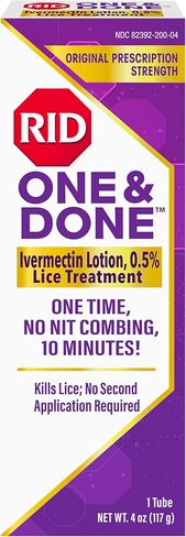 RID One & Done, Just One Application Head Lice Treatment, No Combing Required, Prescription Strength Ivermectin Lotion for Children & Adults, Eliminates Super Lice & Renders Eggs Non Viable in Kuwait