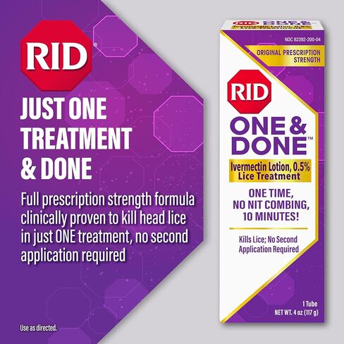 RID One & Done, Just One Application Head Lice Treatment, No Combing Required, Prescription Strength Ivermectin Lotion for Children & Adults, Eliminates Super Lice & Renders Eggs Non Viable in Kuwait