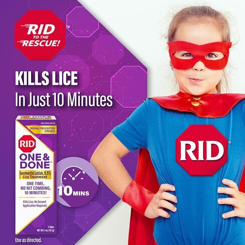 RID One & Done, Just One Application Head Lice Treatment, No Combing Required, Prescription Strength Ivermectin Lotion for Children & Adults, Eliminates Super Lice & Renders Eggs Non Viable in Kuwait