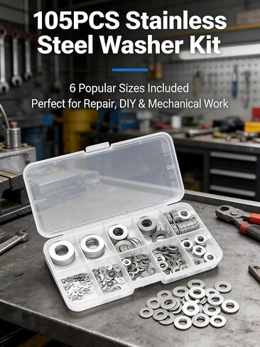 105 pcs 304 Flat Washers Assortment with Storage Box, Multi-Size M2 to M10 Kit for Small Projects, Home Repair, Electronics, Furniture & Bicycle Maintenance Hardware Essentials in Saudi Arabia