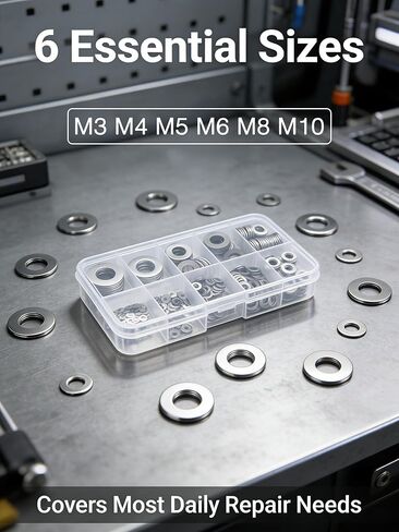 105 pcs 304 Flat Washers Assortment with Storage Box, Multi-Size M2 to M10 Kit for Small Projects, Home Repair, Electronics, Furniture & Bicycle Maintenance Hardware Essentials in Saudi Arabia