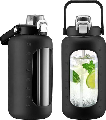 72oz Glass Water Bottle with 2-IN-1 Straw &Chug Lid, Large Motivational Glass Bottle with Capacity Marker and Silicone Sleeve, 2.1Liter Gallon Water Jug for Home, Sports, Gym, BPA Free-Light Purple in Saudi Arabia