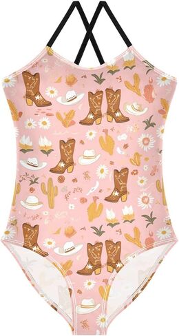 Cowgirl Boots Hats Girls One Piece Swimsuits Cactus Horseshoe Sport Halter Swimwear Beach Bathing Suit 5-6T in Kuwait