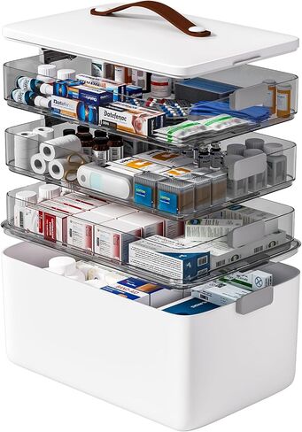 صندوق تخزين الأدوية من funest مكون من 4 طبقات، صندوق أدوات الإسعافات الأولية المحمول فارغ بمقبض، منظم مستلزمات طبية متعدد الأغراض مع صينية قابلة للإزالة، أبيض in Kuwait