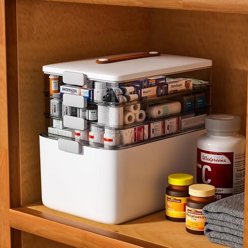 صندوق تخزين الأدوية من funest مكون من 4 طبقات، صندوق أدوات الإسعافات الأولية المحمول فارغ بمقبض، منظم مستلزمات طبية متعدد الأغراض مع صينية قابلة للإزالة، أبيض in Kuwait