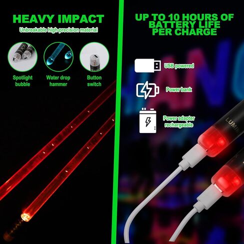 أعواد طبلة متغيرة 15 لونًا قابلة لإعادة الشحن، أعواد طبلة كهربائية متوهجة بإضاءة LED مع شحن USB للأطفال والكبار وإكسسوارات الطبول الاحترافية وهدايا الطبول in Saudi Arabia