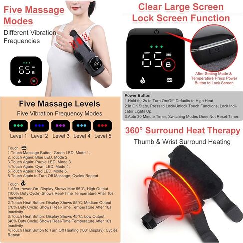 Electric Heating Wrist & Thumb Support Brace with 3-Level Heat Therapy, 5-Mode Massage, USB Rechargeable, Adjustable Strap, and Removable Mugwort Pack for Pain Relief & Comfort in Kuwait