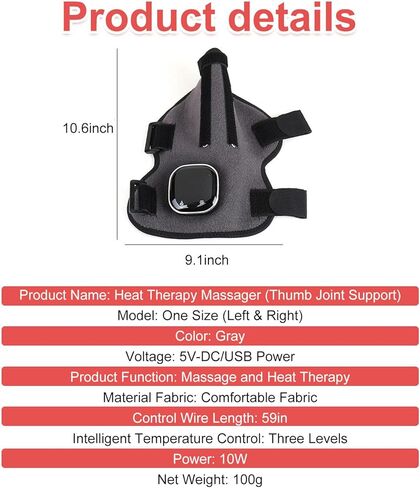 Electric Heating Wrist & Thumb Support Brace with 3-Level Heat Therapy, 5-Mode Massage, USB Rechargeable, Adjustable Strap, and Removable Mugwort Pack for Pain Relief & Comfort in Kuwait