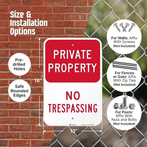 SmartSign Private Property No Trespassing Sign - 2-Pack, 12" x 18", 80 mil Thick Aluminum Composite (ACM), Pre-Drilled Holes, Red and White, Made in USA in Saudi Arabia