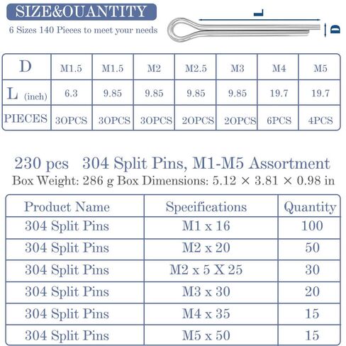 230pcs Premium 304 Stainless Steel Cotter Pin Assortment Kit | 6 Sizes Heavy Duty R Clips & Hairpin Cotter Pin Set | Hardware Pins for Automotive, Trailer, Hitch Pin Lock System in Saudi Arabia