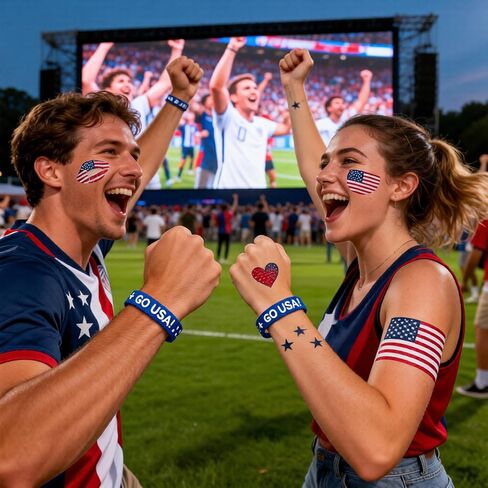 Patriotic USA Go Blue Silicone Wristband with American Flag Temporary Tattoos, Bulk Pack for Football Soccer Basketball Tailgate Party Favors, 2026 World Cup, Concerts & Game Day for Men Women in Saudi Arabia