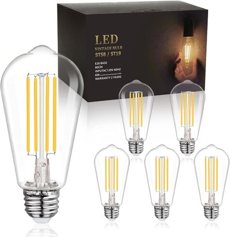 مصابيح BORT ST58/ST19 LED Edison العتيقة، أبيض دافئ 2700K، مصابيح إضاءة Edison 6W قابلة للتعتيم، ما يعادل 60W، 700LM، لمبة LED ذات قاعدة قياسية E26، بلاستيك شفاف - 12 عبوة in Kuwait
