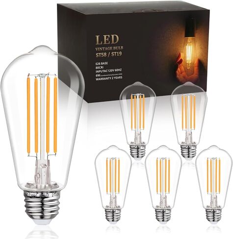 مصابيح BORT ST58/ST19 LED Edison العتيقة، أبيض دافئ 2700K، مصابيح إضاءة Edison 6W قابلة للتعتيم، ما يعادل 60W، 700LM، لمبة LED ذات قاعدة قياسية E26، بلاستيك شفاف - 12 عبوة in Saudi Arabia