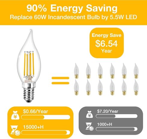 DAYBETTER E12 LED Bulb Dimmable, Chandelier Light Bulbs, Candelabra Light Bulbs 60 Watt Equivalent, 2700K Soft Warm White, 5.5W 600LM, Flame Tip Vintage Flame Light Bulb, 12 Pack in Saudi Arabia