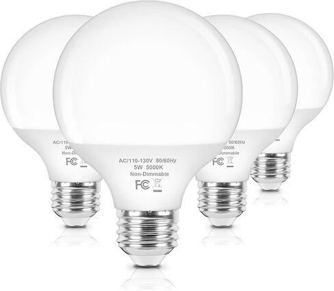 Brightever G25 LED Globe لمبات الإضاءة المكافئة 60W، 5000K ضوء النهار الأبيض LED مصابيح الغرور مع قاعدة E26 القياسية للحمام، لمبة إضاءة مستديرة 5W لمرآة الغرور، 600LM، 4 عبوات، غير قابلة للتعتيم in Kuwait